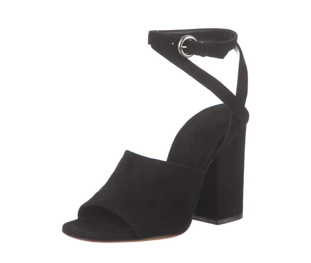 Alumnae Black Suede Leather Block Heel Ankle Wrap Sandals Sz 8.5 EU 39